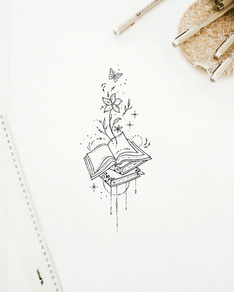 Fantasy Reading Tattoo, Love Of Reading Tattoo, Tattoos For Fantasy Book Lovers, Booktok Inspired Tattoos, Small Bookish Tattoo Ideas, Fantasy Reader Tattoo, Readers Tattoo Ideas, Tattoo Ideas Bookish, Black And White Book Tattoo