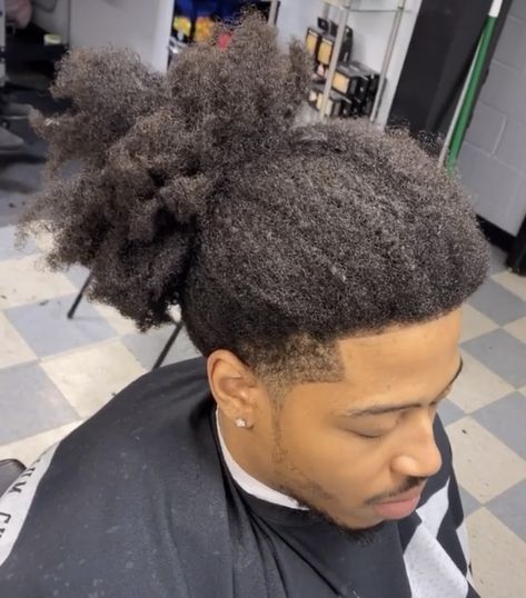 Afro Ponytail Men, Long 4c Hair Men, Black Man Ponytail, Low Taper Black Men, Afro Hair Dye, Afro Fade Haircut, Taper Fade Long Hair, Low Puff, Afro Bun