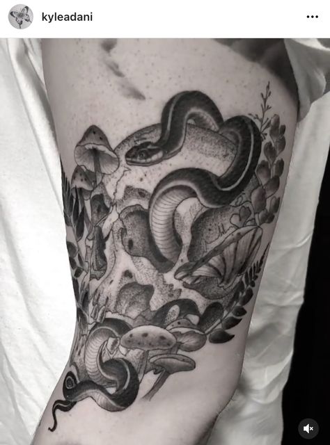 Snake Forest Tattoo, Mushroom Snake Tattoo, Snake And Mushroom Tattoo, Mushroom Forest Aesthetic, Snake Black And White, Mushrooms Tattoo, Black And White Tattoo, Mushroom Tattoo, Skull Snake