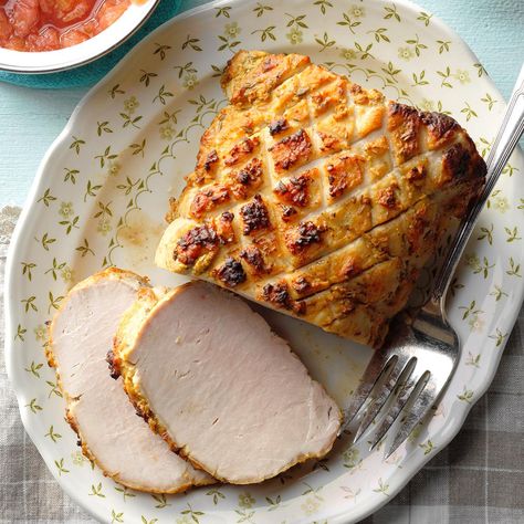 "This moist and tender pork loin roast is served with a rhubarb sauce that’s just delicious! It’s great for company and makes an extra special weeknight meal." —Marilyn Rodriguez of Fairbanks, Alaska Rhubarb Sauce, Best Pork Recipe, Tenderloin Recipe, Pork Loin Recipes, Easter Dinner Recipes, Pork Glaze, Lemon Rosemary, Pork Loin Roast, Rhubarb Recipes