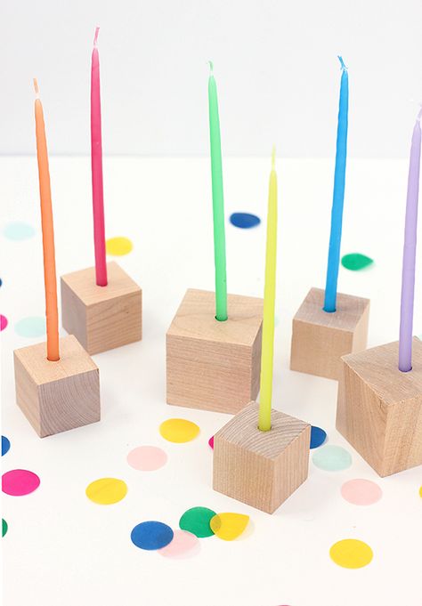 DIY Wood Block Candle Holders #DIY #woodblocks #birthday Diy Candle Holders Ideas, Block Candle Holders, Simple Wood Projects, Wood Block Candle Holder, Birthday Candles Diy, Block Candles, Modern Candle, Wood Projects Diy, Modern Candle Holders