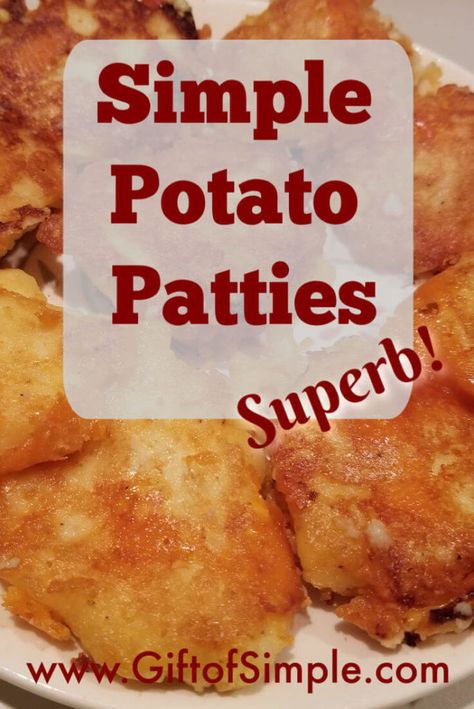 Super simple fried potato patties from mashed potatoes. Quick and easy to make. giftofsimple.com Fried Mashed Potato Patties, Fried Potato Patties, Fried Potato Cakes, Mashed Potato Pancakes Recipe, Potato Pancakes Easy, Treacle Toffee, Fried Mashed Potatoes, Mashed Potato Patties, Mashed Potato Pancakes