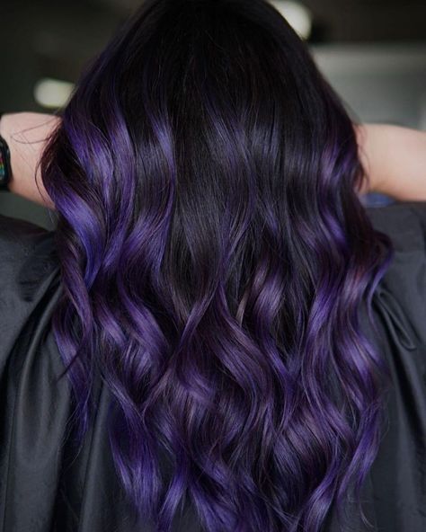 Black And Purple Hair, Mane Magic, Exotic Hair Color, Hidden Hair Color, Purple Hair Highlights, Two Tone Hair, Pulp Riot Hair Color, Purple Ombre Hair, Dark Purple Hair