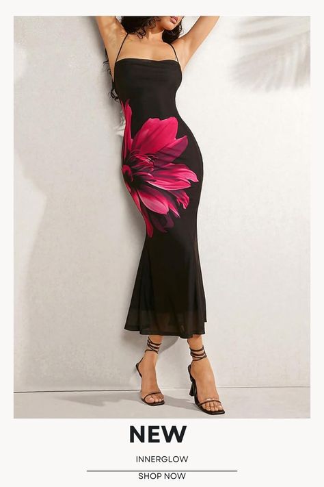 SOLY HUX Women's Floral Print Mesh Bodycon Cami Dress Criss Cross Tie Backless Long Dresses Long Black Floral Dress, Backless Long Dress, Summer Bodycon Dress, Halter Neck Dress, Club Night, Women Midi, Halterneck Dress, How To Look Classy, Elegant Floral