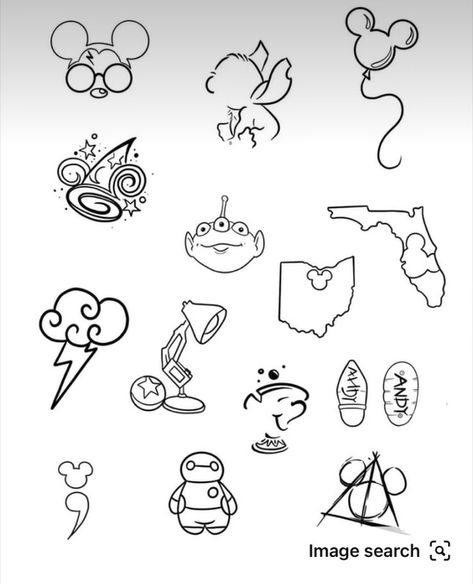 Flash Tattoo Disney, Tiny Disney Tattoo, Tattoo Samples, Disney Minimalist, Tiny Tats, Clay Patterns, Patchwork Sleeve, Small Tattoos Simple, Doodles Drawings