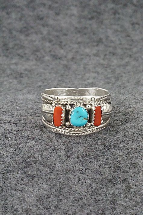 This coral, turquoise and sterling silver ring was made by Navajo silversmith Betty Begay. The inside is signed B Begay and stamped .925. Size: 13.25 Length: 1/2" Free shipping on all orders! We ship with USPS and always include tracking. All orders ship within a day of payment. Returns are accepted up to 30 days after you receive your order. Just send us a message. Our shop offers cash back or store credit. The item must be returned in new condition. Silversmith Rings, Christian Bracelets, Jewelry Lookbook, Hippie Jewelry, Western Jewelry, Coral Turquoise, Dream Jewelry, Native American Jewelry, Pretty Jewellery