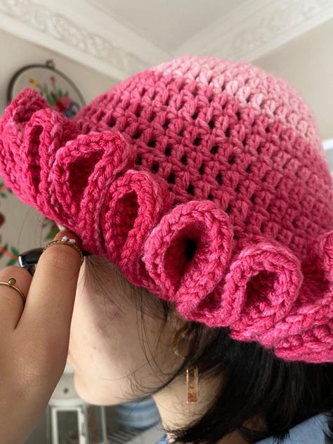 Crochet Ruffle Bucket Hat, Pink Crochet Frilly Cool Beanie Hat - Etsy Ruffle Bucket Hat, Ruffle Hat, Cool Beanies, Crochet Fairy, Beginner Crochet Tutorial, Crochet Ruffle, Bonnet Crochet, Crochet Shop, Crochet Beanie Pattern