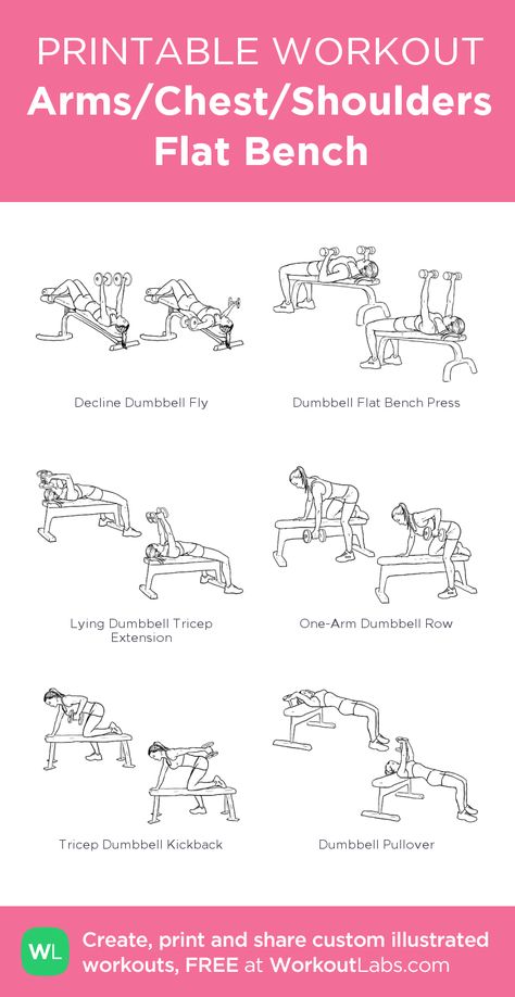 Arms/Chest/Shoulders Flat Bench: my visual workout created at WorkoutLabs.com • Click through to customize and download as a FREE PDF! #customworkout Upper Body Workout On Bench, Dumbbell Arm Workout Bench, Flat Bench Dumbbell Press, Dumbell Workout With Bench, Arm Workout Women Bench, Dumbbell Workout With Bench, Bench Upper Body Workout, Bench Tricep Workout, Bench Press Workout Women Beginner