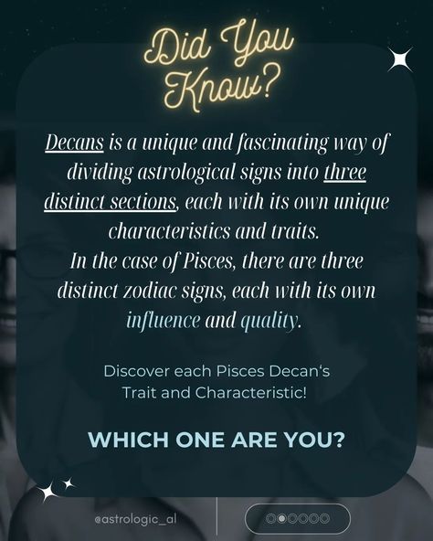 February ♓ or March ♓? Are you a Pisces or do you know someone who is? If so, you might be interested in learning more about the three decans of this zodiac sign and how they differ regarding personality, strengths, and weaknesses. Check out the main traits of each decan and see if you can relate to them! Let me know your answer to the question on the last slide in the comments below 👇 . . . . . . . - Tags - . #Pisces #FebruaryPisces #MarchPisces #signdecans #Astrological #Astrofam ... February Born, March Pisces, Strengths And Weaknesses, Slide In, The Question, Logic, Zodiac Sign, Zodiac Signs, Knowing You