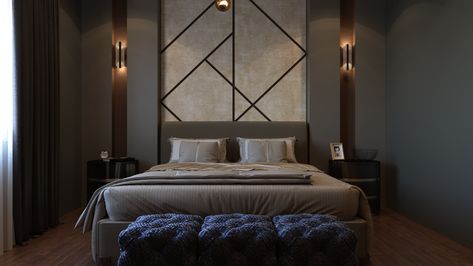 Bedroom Design on Behance Chevron Wall Decor, Modern Luxury Bedroom, Chevron Wall, Headboard Wall, Upholstered Panels, Bedroom Headboard, Bedroom Furniture Design, Remodel Bedroom, Modern Interiors