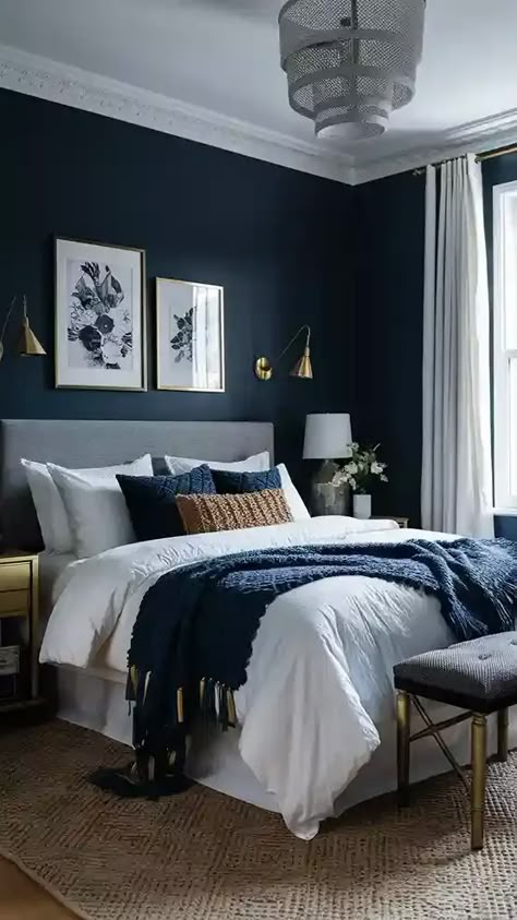 80 Beautiful Bedroom Color Schemes: Inspiring Palettes with Color Chart Guide – GoGearLab Master Bedrooms Vintage, Bedroom Decor Ideas Grey Bed, Dark Blue Bedroom Design, 2024 Primary Bedroom, Apartment Decor Color Schemes, Best Blue For Bedroom, Dark Colored Bedroom Ideas, Moody Bedroom Blue, Dark Blue Grey Bedroom