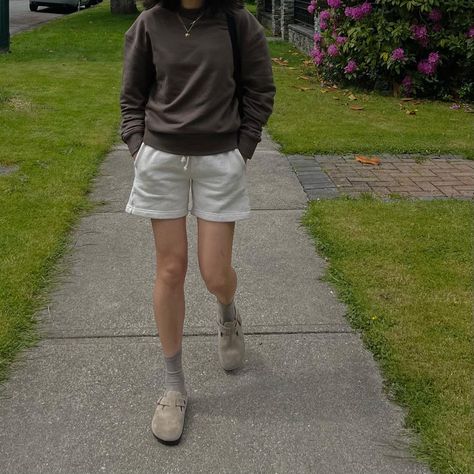 KOTN, crewneck, birkenstock boston clogs, muji socks, aritzia sweat shorts, khaki crewneck, beige aesthetic, minimal outfit, street style, spring fashion, summer outfit inspo, street wear, sporty chic outfit, minimal ootd, neutral aesthetic, moody aesthetic, fashion style, sustainable fashion, toronto blogger, vancouver blogger Birkenstock With Shorts Outfit, Birkenstock Boston Shorts Outfit, Birks Clogs, Minimal Ootd, Boston Clogs Outfit, White Long Sleeve Shirt Outfit, Clog Outfits, Clog Fashion, Birkenstock Boston Outfit