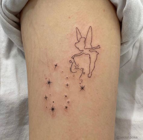 Bell Tattoo Ideas, Minimalist Disney Tattoo, Parent Tattoo Ideas, Tinkerbell Tattoo Ideas, Tattoo Tinkerbell, Tinkerbell Tattoo, Bell Tattoo, Tinker Bell Tattoo, Dandelion Tattoo Design