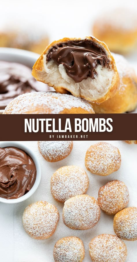 Two images of Nutella.  The first image is a close-up image from the side of a Nutella boma, ripped open showing the inside.  The second image is from overhead and shows the cooked Nutella bombs on a white surface with a bowl of Nutella. Good Simple Desserts, Fun And Easy Recipes For Dinner, Nutella Balls Recipe, Bombolini With Nutella, Deserts With Nutella Easy, Easy Dessert Recipes Nutella, Cool Desserts Recipes, Fun Things To Bake With Friends Easy, Small Finger Desserts