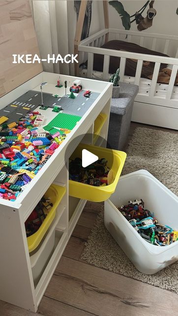 Ikea Lego Room Ideas, Trofast Lego Table Ikea Hacks, Diy Ikea Lego Table, Ikea Trofast Lego Table, Lego Area In Bedroom, Ikea Lego Table Hack, Lego Station Ideas, Play Table Ideas, Trofast Lego Table