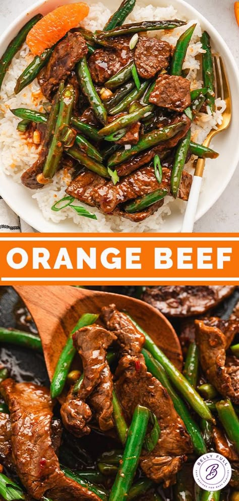 Orange Beef - Belly Full Orange Beef And Broccoli, Beef And Vegetable Recipes, Beef Strips Recipes, Orange Beef Stir Fry, Orange Beef Recipe, Crispy Orange Beef, Orange Beef, Steak Stir Fry, Asian Beef