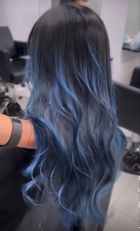 Silver Blue Highlights On Brown Hair, Blue Hair At The Ends, Dark Blue Hair Extensions, Blue Hair For Brown Hair, Blue Hair On Dark Brown Hair, Color Hair Dye Ideas For Brunettes, Dark Hair With Light Blue Highlights, Blue Babylights On Dark Hair, Light Blue Hair Ombre