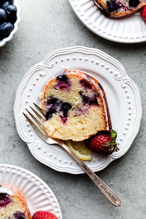 This lemon berry yogurt cake is supremely soft and moist, almost tasting creamy. Made with Greek yogurt, lemon, cake flour, and fresh berries, this bright and juicy cake is packed with unbeatable flavor. Recipe on sallysbakingaddiction.com Berry Yogurt Cake, Strawberry Yogurt Cake, Cake Flour Substitute, Blueberry Bundt Cake, Berry Yogurt, Blueberry Lemon Cake, Greek Yogurt Recipes, Bundt Cake Pan, Leftover Cake