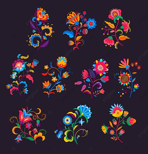 Folk Ornaments, Flowers Embroidery Pattern, Mexican Pattern, Mexican Culture Art, Mexican Flowers, Mexican Embroidery, Folk Art Flowers, Plant Vector, Flowers Embroidery