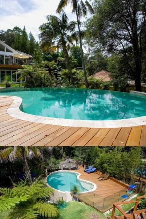 The curved wet-edge of this Aussie Billabong style pool conjures up feelings of a tropical paradise getaway.

Crystal Pools designed this above ground family pool, featuring a large decked entertainment area, to ensure the seamless unity of nature and family enjoyment.

📲02 9875 4555.
Crystal Pools, Australia’s longest operating pool company 💎 Curved Swimming Pool, Curved Pool Deck, Curved Pool Landscaping, Pools Backyard Australia, Curved Pool Design, Pool Area Ideas Australia, Tile Pool Deck, Backyard Ideas Deck, Pool Deck Lighting