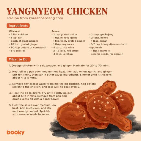 Yangnyeom Chicken Recipe, Aesthetic Written Recipes, Booky Food Recipe, Cartoon Food Recipes, Aesthetic Recipes Notes, Korea Chicken, Yangnyeom Chicken, Cottagecore Recipes, Homemade Recipe Books