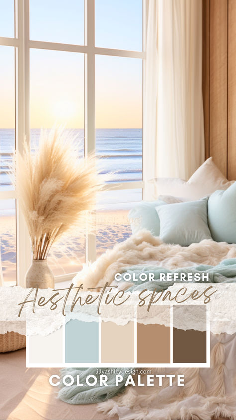 We’ve put together a free beach-inspired color palette for your coastal bedroom! You’ll find a mix of soothing neutrals and ocean hues, complete with hex codes to make your decorating process even easier. These colors will help you create a bedroom that feels like an escape to the coast every day. Beach Color Palette Bedroom, Coastal Color Pallet, Beach Theme Color Palette, Beach Coastal Aesthetic, Soothing Color Palette Hex Codes, Sleep Color Palette, Beach Photo Color Scheme, Cabin Color Palette, Color Pallets Aesthetic