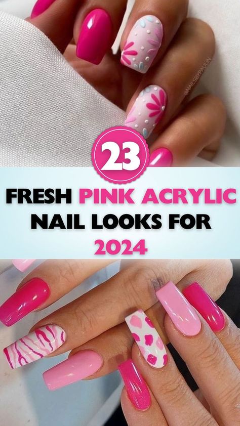 Find your perfect match among these fresh and fabulous pink acrylic nail designs for an exciting 2024. Shades Of Pink Nail Designs, Fun Pink Nail Designs, Nail Hot Pink, Pink Acrylic Nail Ideas, Pink Nails With Design, Pink Acrylic Nail Designs, Acrylic Nail Ideas, Pink Nail Art Designs, Nail Goals