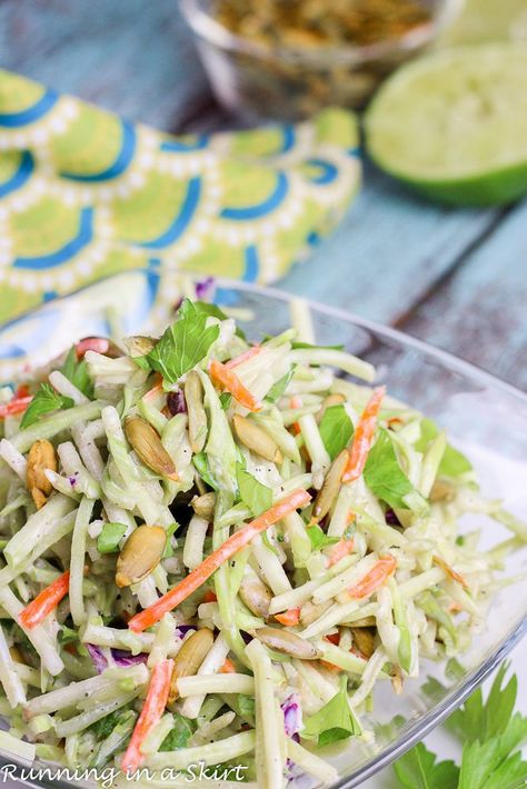 Healthy Broccoli Slaw Recipe with greek yogurt Dressing For Broccoli Slaw, Broccoli Slaw Dressing, Healthy Broccoli Slaw, Broccoli Slaw Recipe, Broccoli Slaw Recipes, Slaw Salad, Greek Yogurt Dressing, Healthy Broccoli, Slaw Dressing