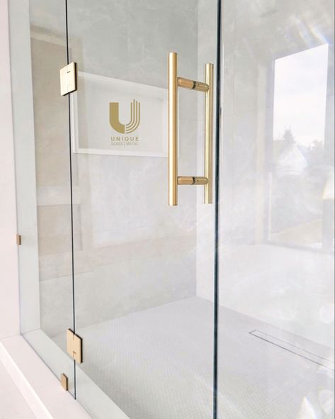 Gold Shower Door, Frosted Shower Doors, French Bathrooms, Brass Shower Door, Beach Condo Decor, Shower Cabinets, Bathroom Glass Door, Satin Brass Hardware, Rose Gold Handle