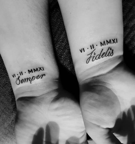 Boyfriend and I got matching tattoos for our 7 year anniversary. Our anniversary date in Roman numerals (6-2-11) and "Semper Fidelis" meaning always faithful Tattoo For Anniversary, Marine Wife Tattoo, I Got Your 6 Tattoo, Semper Fidelis Tattoo, Marine Corps Tattoos, Marine Corps Wedding, Anniversary Tattoo, Wife Tattoo, Tattoo For Boyfriend