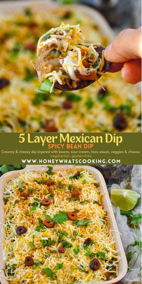 Vegetarian Mexican Dip, Vegetarian Layered Bean Dip, Cold Spicy Dip Recipes, Layered Dip Mexican, Layered Mexican Dip Recipe, 5 Layer Dip Mexican, Layer Dip Mexican, 5 Layer Bean Dip, Mexican Layer Dip Recipe