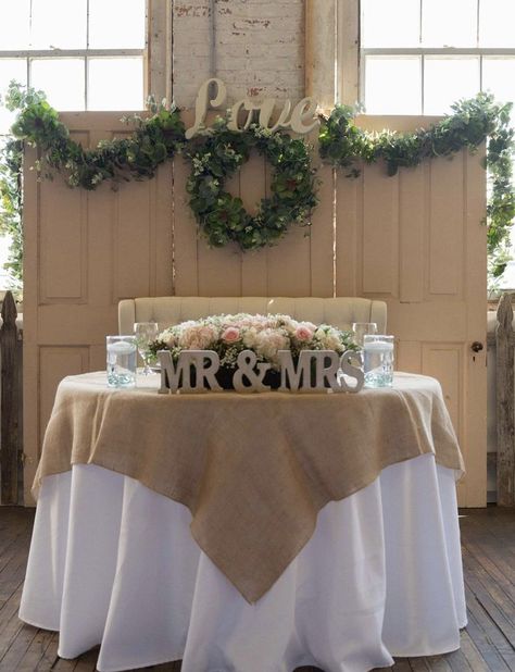 Mr And Mrs Table Decoration, Bride And Groom Table Ideas Simple, Sweet Heart Table Ideas, Couples Table, Rustic Burlap Wedding, Bride Groom Table, Beauty And Beast Wedding, Church Wedding Decorations, Cottage Wedding