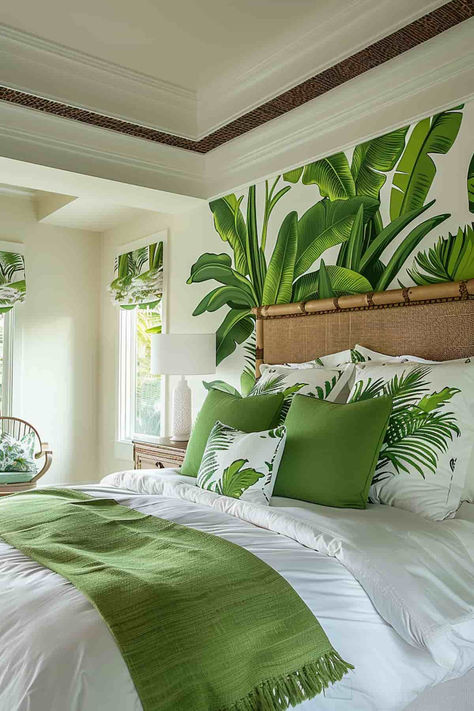 40 Beautiful Guest Bedroom Decor Ideas for a Stylish Space Small Tropical Bedroom, Tropical Green Bedroom Ideas, Hawaii Bedroom Ideas Tropical Style, Lime Green Bedroom Ideas, Tropical Bedroom Ideas Caribbean, Tropical Bedroom, Guest House Ideas, Tropical Bed Sets, Coastal Guest Tiwn Beds