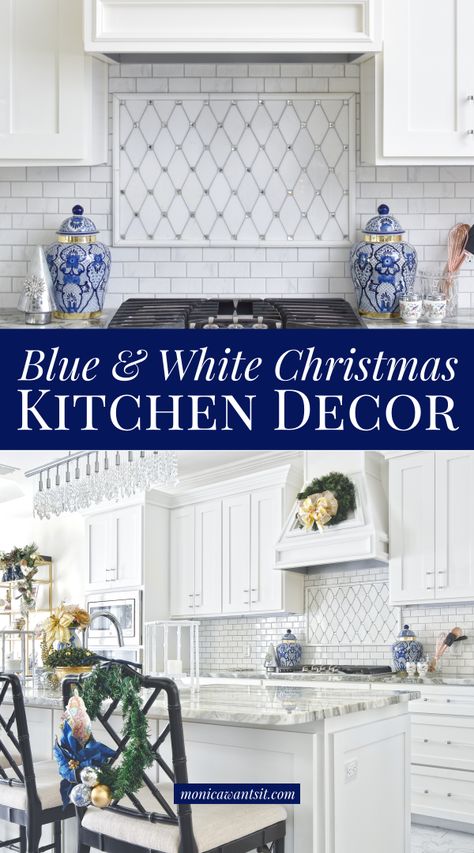 Decorate With Ginger Jars, Blue And White China Kitchen, Chinoiserie Decorating Kitchen, Blue White Kitchen Ideas, White Kitchen With Blue Accessories, Royal Blue And White Kitchen, Blue White Kitchen Decor, Blue And White Kitchen Decor Ideas, Blue And White Christmas Kitchen