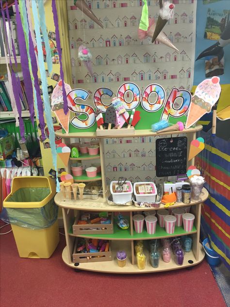 Ice- cream parlour role play Eyfs Ice Cream Role Play, Seaside Role Play Eyfs, Ice Cream Parlour Dramatic Play, Cafe Role Play Area Eyfs, Colour Activities Eyfs, Cafe Role Play Area, Ice Cream Parlour Role Play, Role Play Areas Eyfs, Role Play Shop