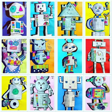 Julie Marie on Instagram: "Third grade learned about value in this robot project! We practiced creating shadows and highlights in paint to make the robots look 3D! After they were dry we used oil pastel to add detail! #robots #elementaryart #artteachersofinstagram #artteacher #artlessons" Model Magic Art Lesson Elementary, Robot Art Project, Third Grade Projects, Robot Project, Used Oil, Art Education Lessons, 2nd Grade Art, 5th Grade Art, 3rd Grade Art