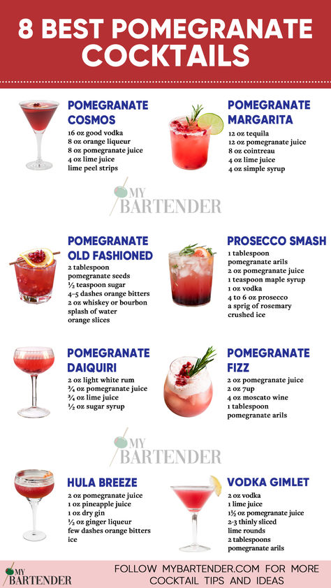 Best Pomegranate Cocktails Pomegranate Margaritas, Pomegranate Cocktail Recipes, Pomegranate Cocktail, Prosecco Punch, Pomegranate Drinks, Pomegranate Vodka, Pomegranate Liqueur, Pomegranate Cocktails, Bartender Drinks Recipes