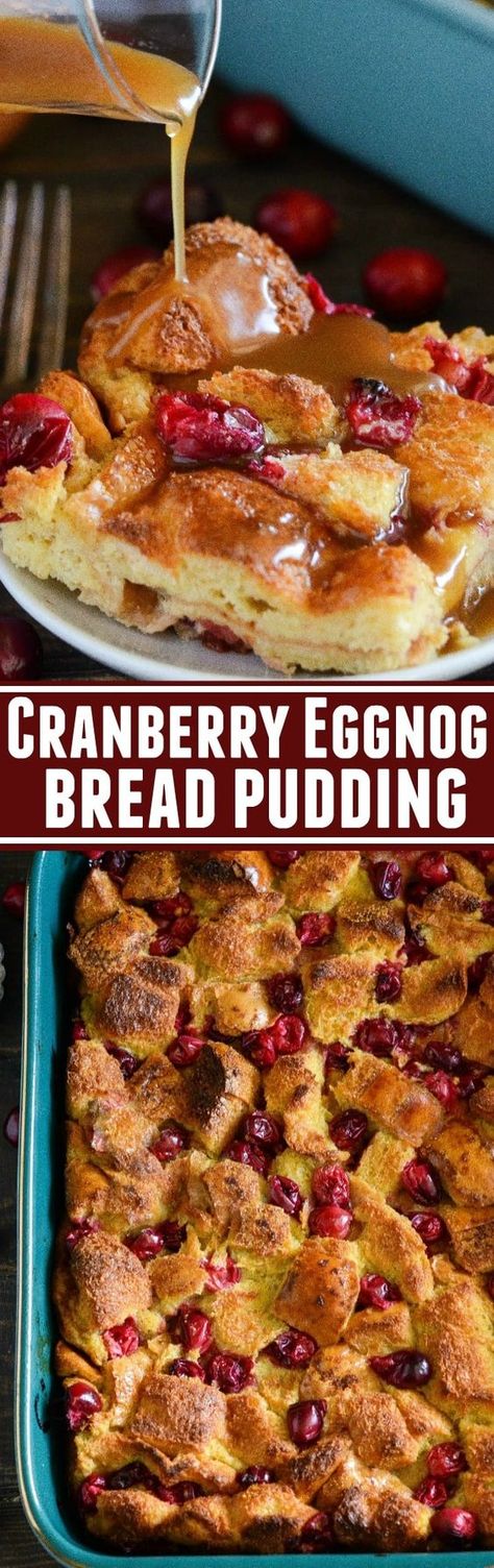 Cranberry Eggnog Bread Pudding sponsored by Handsome Farm Eggs: kick off the holidays with this rich bread pudding with cranberries, eggnog, cinnamon and a generous pour of buttery rum sauce! Mimosa Christmas, Vanilla Sauce Recipe, Eggnog Cinnamon Rolls, Eggnog Custard, Cinnamon Roll Bread Pudding, Bread Pudding With Vanilla Sauce, Eggnog Bread Pudding, Eggnog Bread, Rum Sauce