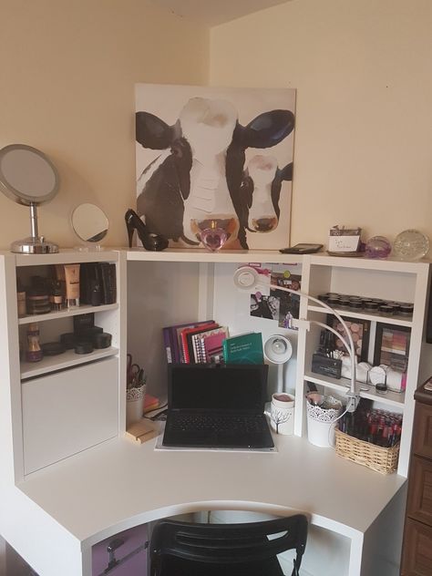 Makeup station / work space is ready I love it The Ikea Micke corner desk. Ikea Micke Desk Corner, Corner Desk Makeup, Corner Desk Inspiration, Micke Corner Workstation, Micke Corner Desk Ikea Ideas, Ikea Malm Makeup Table, Ikea Micke Corner Desk, Micke Corner Desk, Corner Desks For Small Spaces