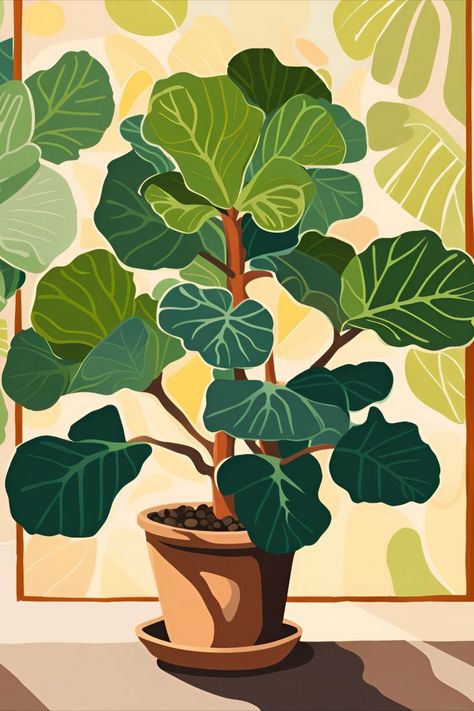 Fiddle Leaf Tree, Retro Painting, Fiddle Leaf Fig Tree, Cozy Aesthetic, Plant Painting, Fiddle Leaf, Fiddle Leaf Fig, Art Prompts, Fig Tree