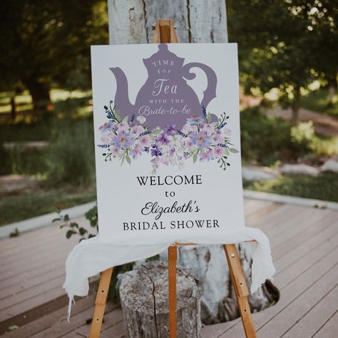 Time for Tea Purple Bridal Shower Welcome Sign Bridal Shower Ideas Purple, Purple Bridal Shower Ideas, Classic Bridal Shower, Kitchen Tea Ideas, Welcome Text, Welcome Sign Bridal, Flowers With Greenery, Purple Bridal Shower, Bridal Tea Party