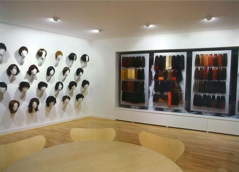 Feme Head Office Wig and hair extension display - Made In Place Hair Extensions Display, Hair Extension Display, Display Ideas Retail, Salon Retail Display, Extension Display, Global Interior Design, Mobile Hair Salon, Office Supplies Design, Beauty Room Salon