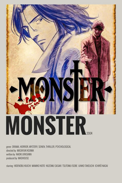 monster minimalist/alternative anime poster How To Make Minimalist Poster, Monster Poster Anime, Monster Minimalist Poster, Wall Posters Anime, Anime Posters Minimalist, Monster Manga, Monster Anime, Anime Suggestions, Anime List