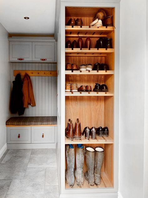 Shoe Storage For Garage, Storage For Garage, Boot Room Storage, Boot Room Utility, Utility Room Designs, Tall Cabinets, Mudroom Remodel, Tall Kitchen Cabinets, Solid Oak Doors