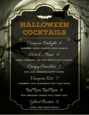 Halloween Menu Templates and Designs - MustHaveMenus Moscow Mule Halloween, Halloween Drink Menu Ideas, Spooky Moscow Mule, Halloween Menu Design, Halloween Menu Signs, Halloween Menu Template, Halloween Drink Menu Design, Halloween Dinner Party Menu, Halloween Cocktail Menu Design