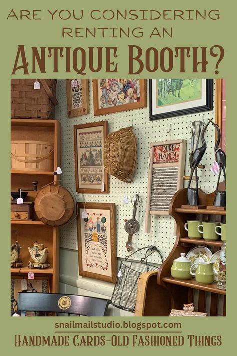 Have you ever wondered if renting a booth at an antique mall is worth it? I did for years, until my mom and I finally bit the bullet and did it. What I'm going to share is our own experience. Things may be totally different for other antique booth vendors, which will be different for you too. But here's a good starting point. First consider... (click to read more) Antique Booth Tags, Antique Booth Displays Inspiration, Antique Shop Aesthetic, Antique Booth Ideas Staging, Antique Mall Booth Ideas, Wooden Ironing Board, Vintage Store Displays, Antique Booth Displays, Antique Mall Booth