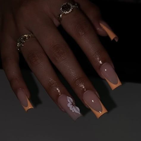 Acrylic Nails Flower Design Simple, Nails Acrylic Holiday Summer, Square Nails With Flower Design, French Peach Nails, Long Acrylic Nails Square Ideas Design, Holiday Flower Nails, Square Orange Acrylic Nails, Peach Nails Ideas, Spring Nails Ideas Square