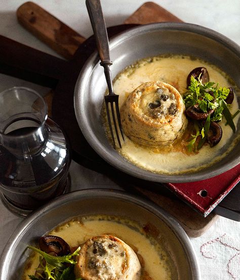 Australian Gourmet Traveller French recipe for twice-baked Roquefort and mushroom soufflé. Mushroom Souffle Recipe, French Recipe, Souffle Recipes, Fondue Recipes, Twice Baked, Recipes Vegetarian, Light Recipes, International Recipes, Travel Lifestyle