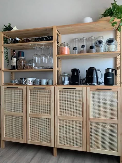 Ikea Pantry Ivar, Small Fridge In Kitchen, Kitchen Crate Storage, Ikea Kitchen Ivar, Ivar Kitchen Storage, Ivar Kitchen Ideas, Ivar Kitchen Hack, Ivar Pantry Ideas, Ikea Ivar Pantry