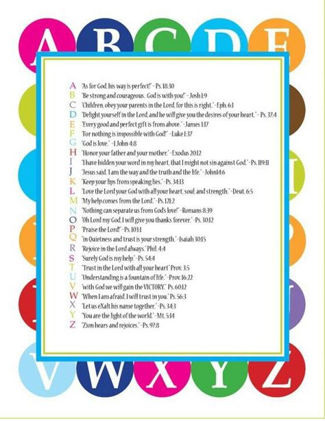 ABC scripture definitely shortened and not King James Bible, but it's a good reference list. :) Scriptures For Kids, Bible Activities, Holy Mary, Memory Verse, Scripture Study, Bible Crafts, Bible For Kids, Kids Church, Childrens Church